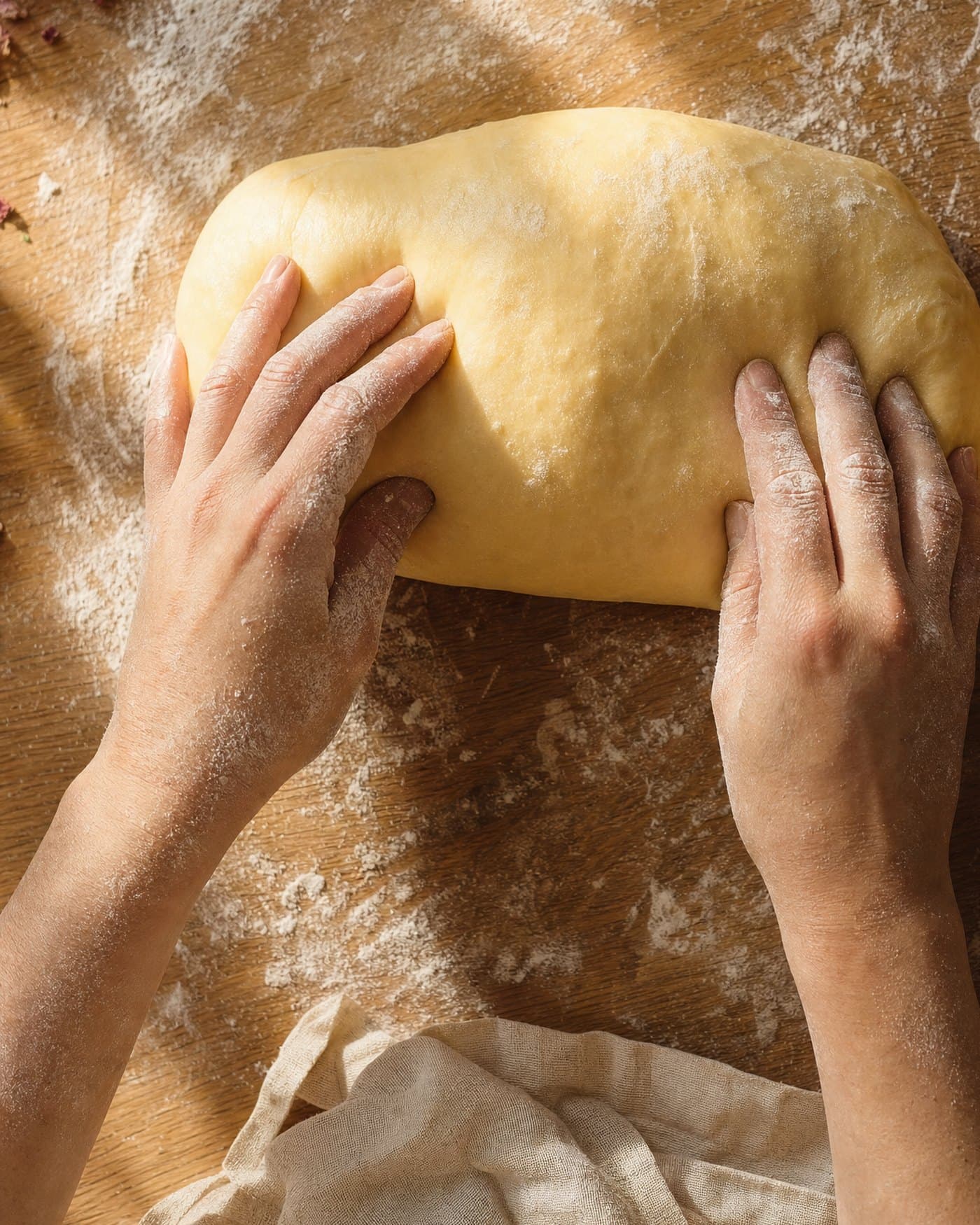 Hands kneading soft yeast dough at Merlen Bakehouse